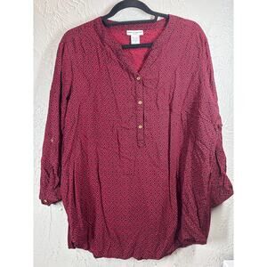 Rebecca Malone Women's Red 3/4 roll tab Sleeve Geometric‎ Dress Shirt Size 1X